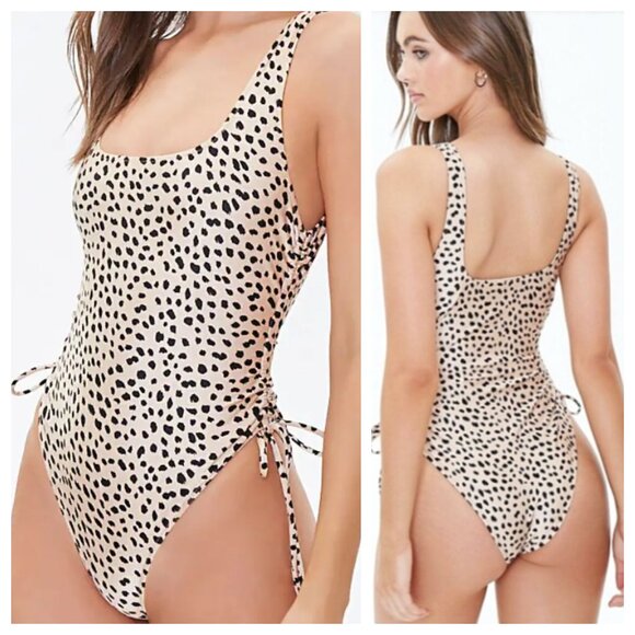 F21 Cheetah Print Tan Black Square Neck Ruched Sides Swimsuit - Picture 1 of 5